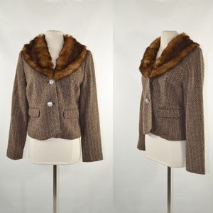 Black Rivet Brown Tweed Jacket, Faux Fur Collar